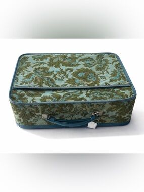 60s vintage brocade greens and blues little Avon suitcase- makeup or travel.